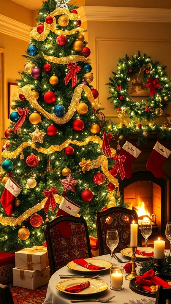 A decorated Christmas tree with lights and ornaments, a fireplace with stockings, and a festive table setting.